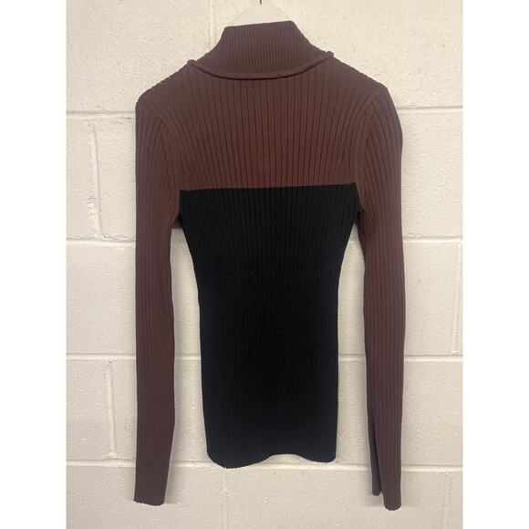 Marina Moscone Small s Brown Black Two-Tone Colorblock Mock Neck Ribbed Sweater - Picture 4 of 4